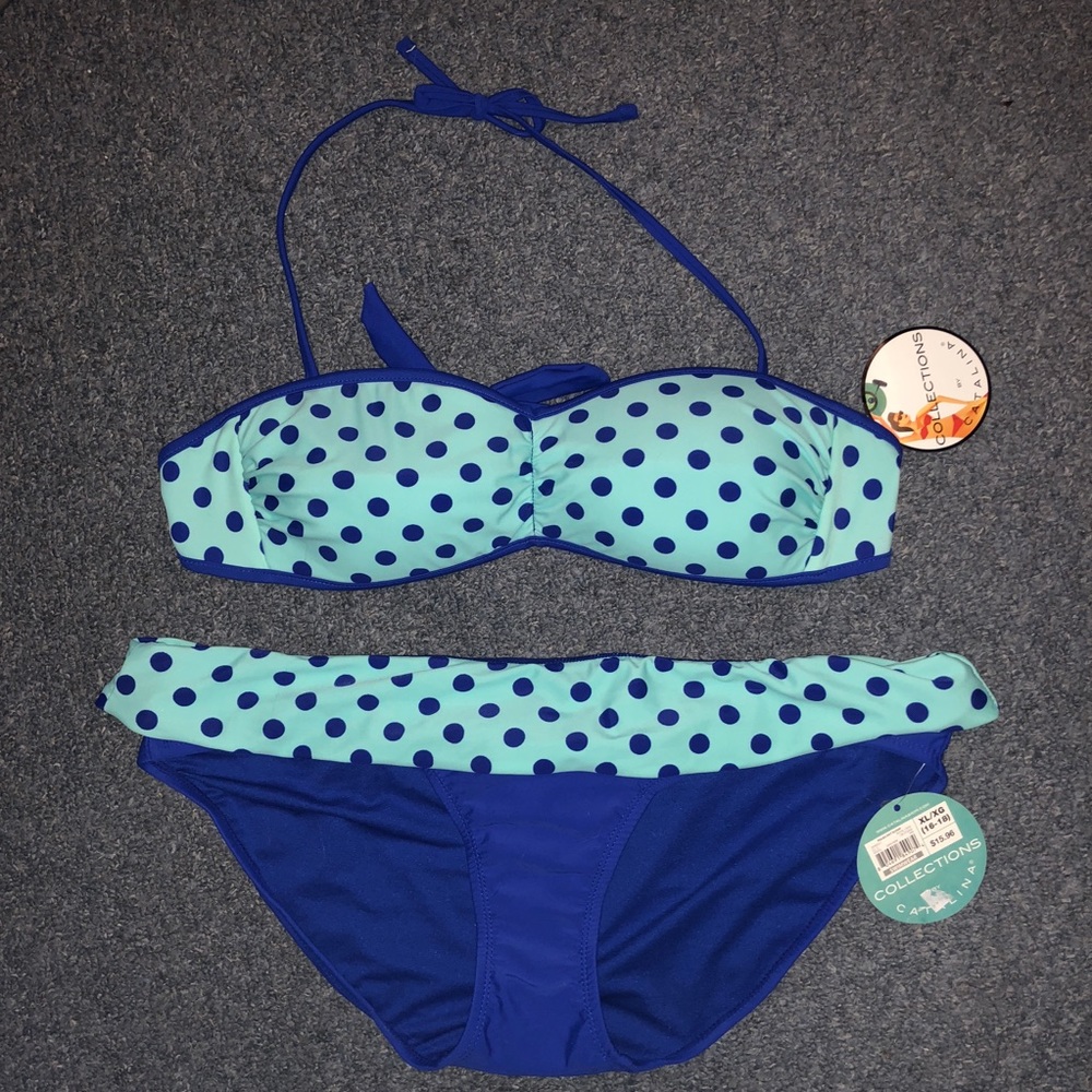 L/XL swim suit NWT blue polka dot